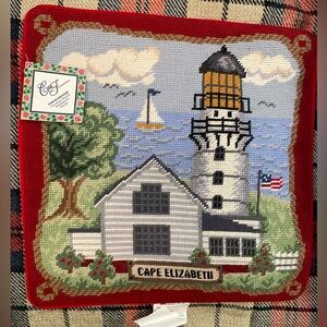 Cape Elizabeth Lighthouse Nautical Sailboat Wool Needlepoint Pillow Cover NEW